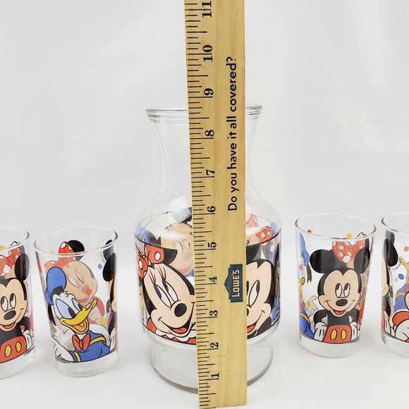 Disney Mickey Minnie Donald Anchor Hocking Glass Juice Pitcher Jug & 4 Cups VNTG - Picture 3 of 9